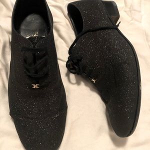 Ferragamo Black Glitter Oxfords with box